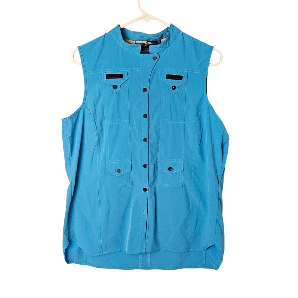 Jamie Sadock Blue Sleeveless‎ Top Button Front Pockets Golf Shirt Womens Large